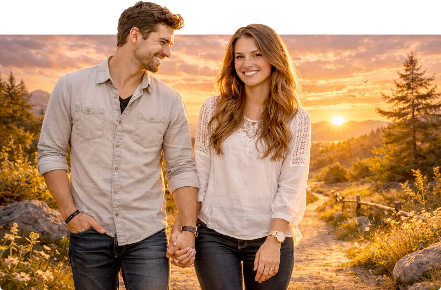 Happy couple walking together at sunset